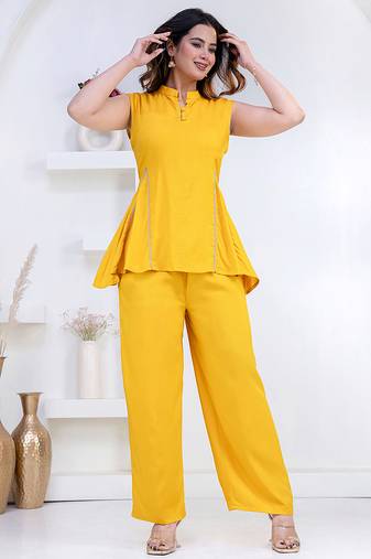 yellow rayon lace work anarkali co-ord set for women