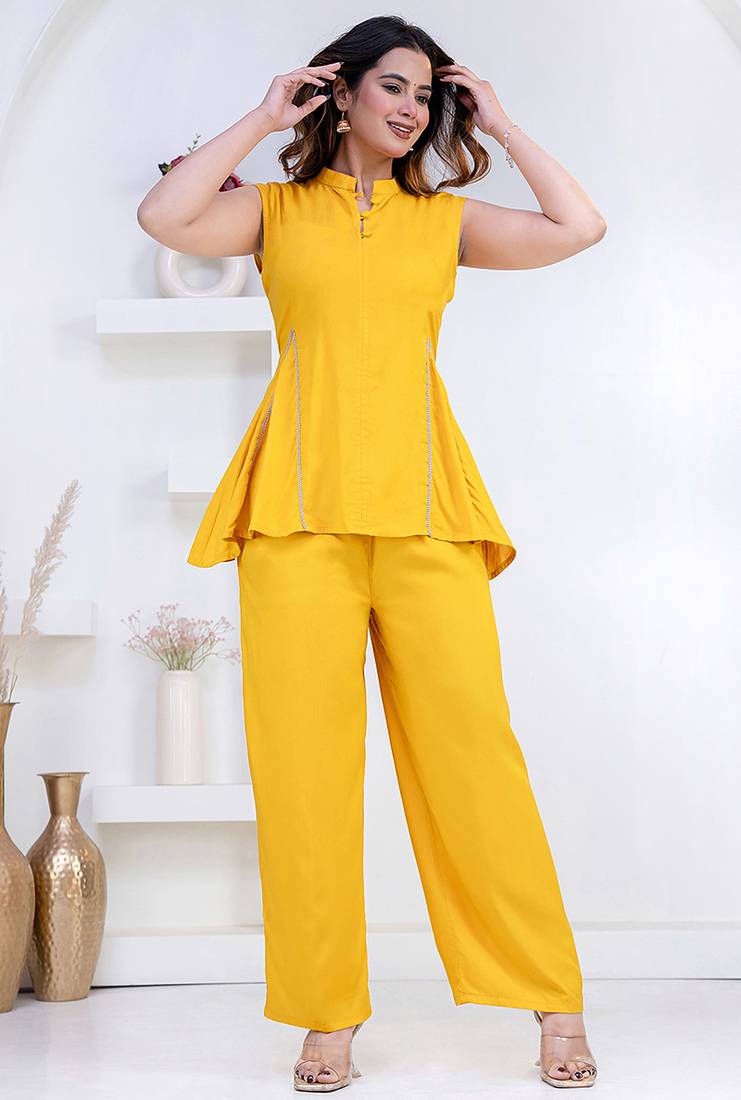 yellow rayon lace work anarkali co-ord set for women