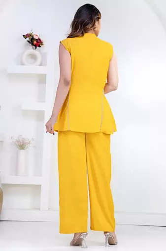 yellow rayon lace work anarkali co-ord set for women