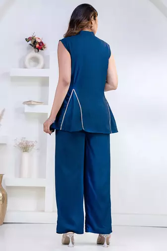 blue rayon lace work anarkali co-ord set for women