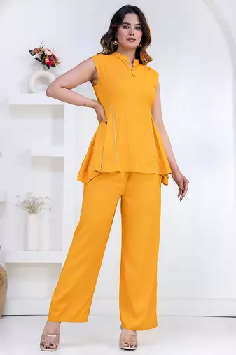 mustard rayon lace work anarkali co-ord set for women