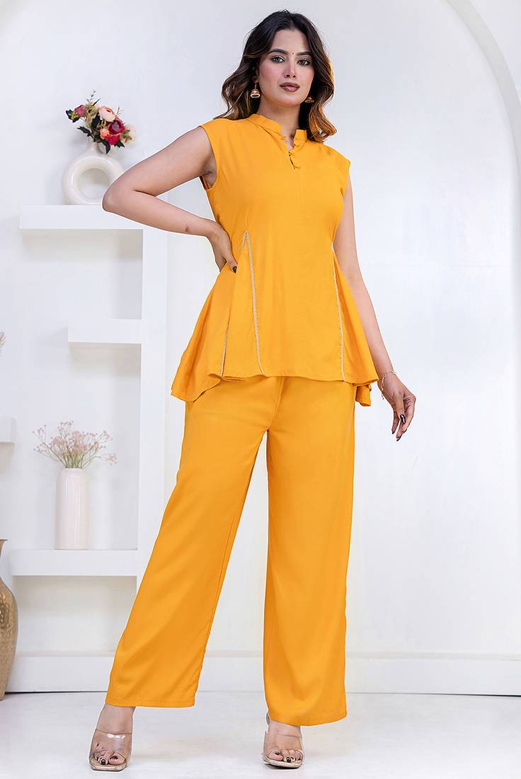 mustard rayon lace work anarkali co-ord set for women