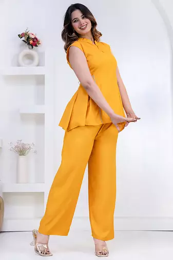 mustard rayon lace work anarkali co-ord set for women