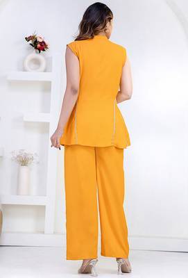 mustard rayon lace work anarkali co-ord set for women 3