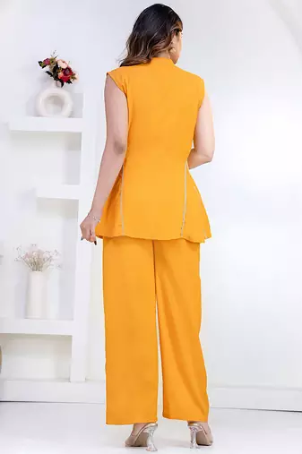 mustard rayon lace work anarkali co-ord set for women