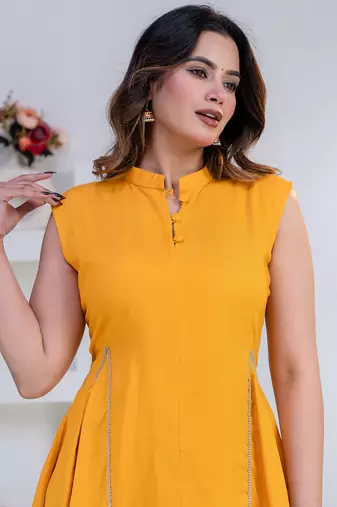 mustard rayon lace work anarkali co-ord set for women