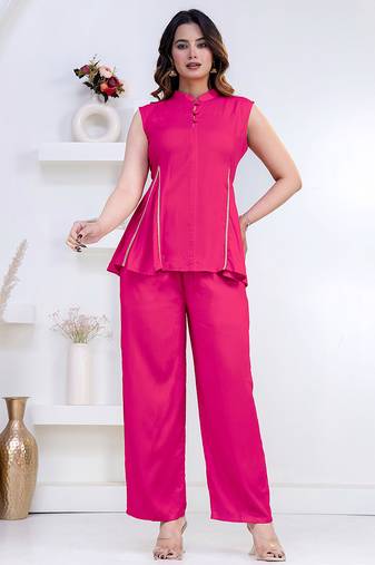 pink rayon lace work anarkali co-ord set for women
