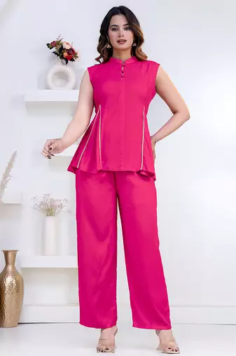 pink rayon lace work anarkali co-ord set for women