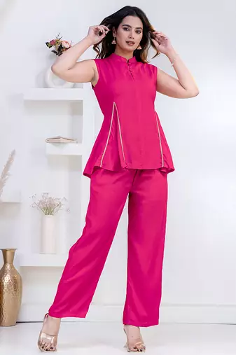 pink rayon lace work anarkali co-ord set for women