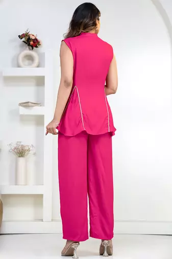 pink rayon lace work anarkali co-ord set for women