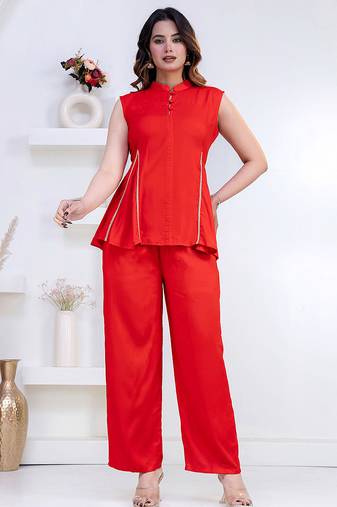 red rayon lace work anarkali co-ord set for women