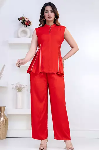 red rayon lace work anarkali co-ord set for women