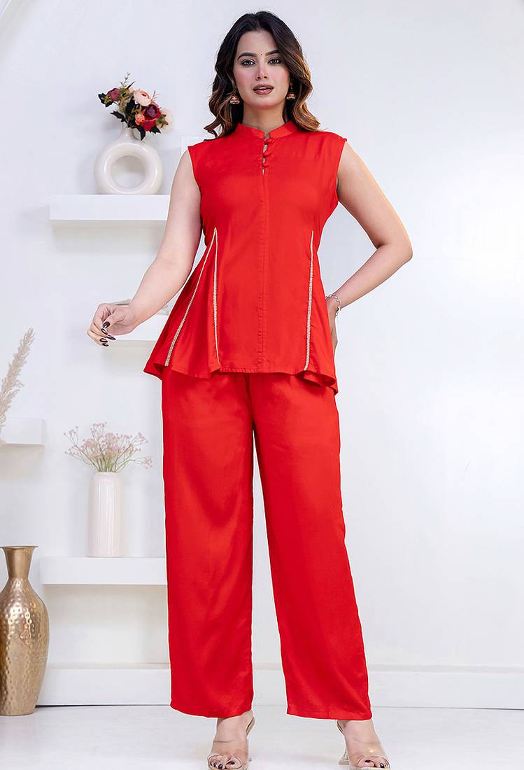 red rayon lace work anarkali co-ord set for women