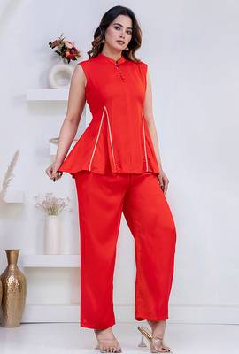 red rayon lace work anarkali co-ord set for women 2