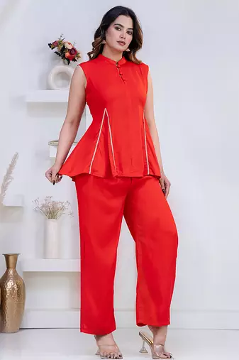 red rayon lace work anarkali co-ord set for women