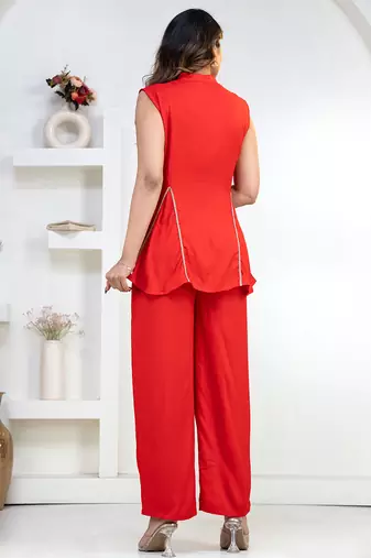 red rayon lace work anarkali co-ord set for women