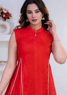 red rayon lace work anarkali co-ord set for women 4