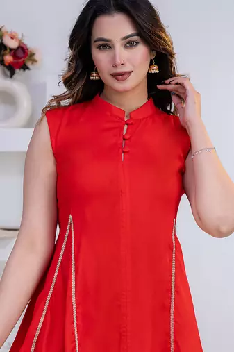 red rayon lace work anarkali co-ord set for women