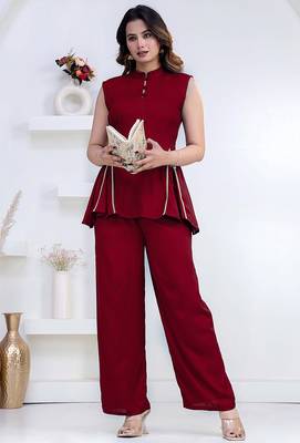 maroon rayon lace work anarkali co-ord set for women 1