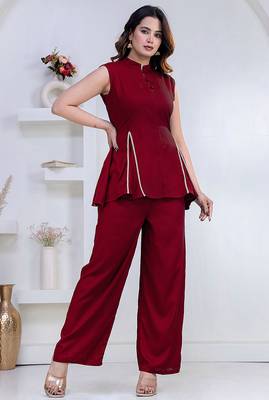 maroon rayon lace work anarkali co-ord set for women 2