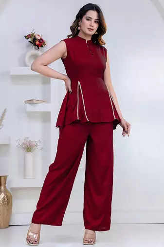 maroon rayon lace work anarkali co-ord set for women