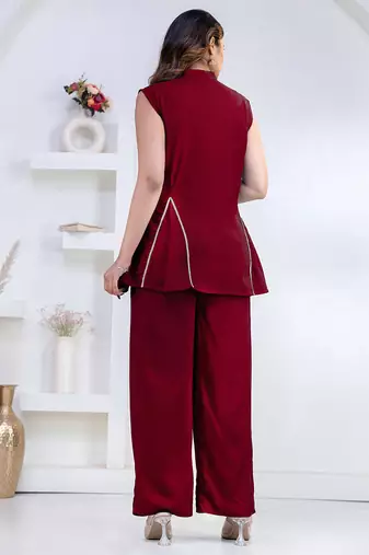 maroon rayon lace work anarkali co-ord set for women