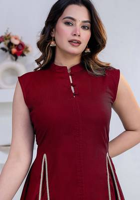 maroon rayon lace work anarkali co-ord set for women 4