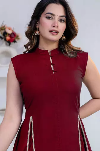 maroon rayon lace work anarkali co-ord set for women
