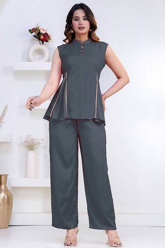 grey rayon lace work anarkali co-ord set for women