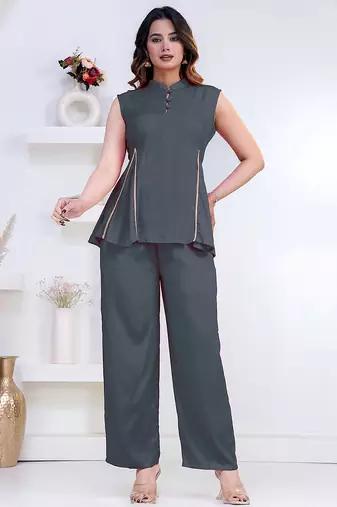 grey rayon lace work anarkali co-ord set for women