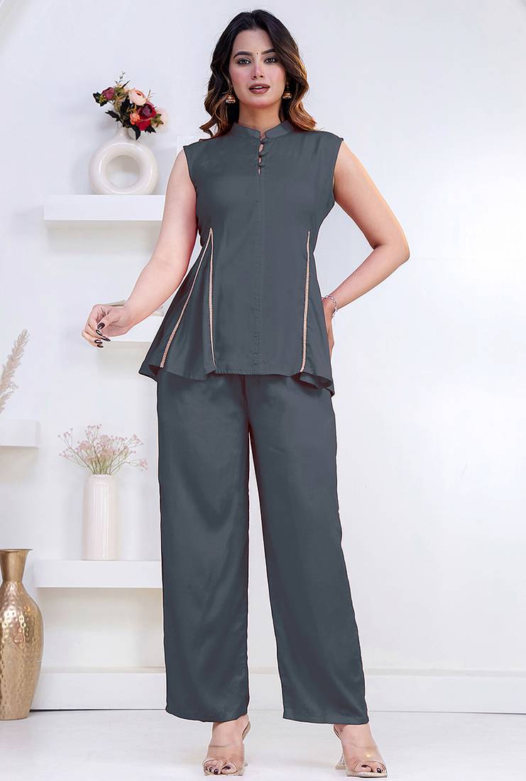 grey rayon lace work anarkali co-ord set for women