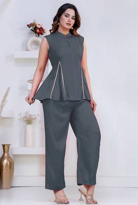 grey rayon lace work anarkali co-ord set for women 2