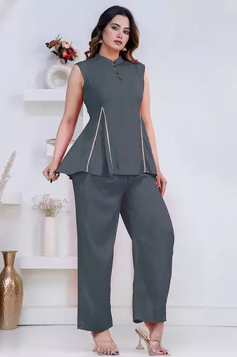 grey rayon lace work anarkali co-ord set for women
