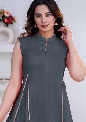 grey rayon lace work anarkali co-ord set for women 4