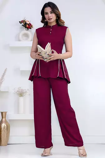 purple rayon lace work anarkali co-ord set for women