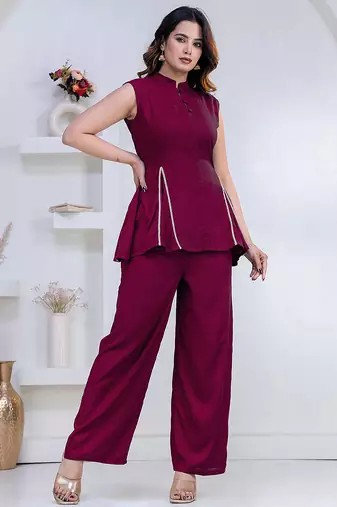 purple rayon lace work anarkali co-ord set for women