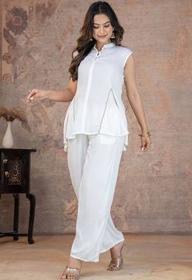 white rayon lace work anarkali co-ord set for women 2