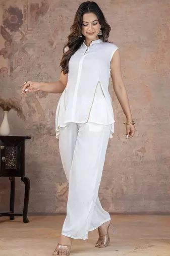 white rayon lace work anarkali co-ord set for women