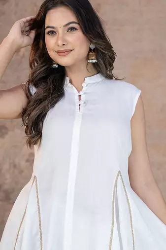 white rayon lace work anarkali co-ord set for women