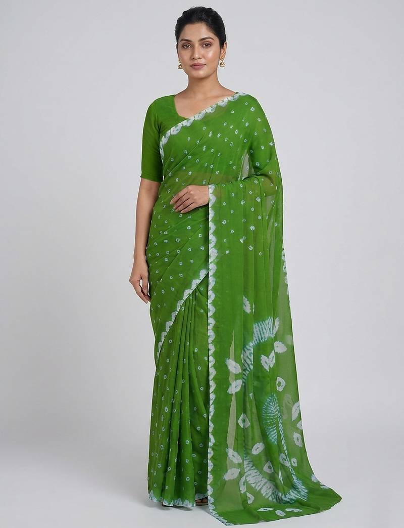 Green printed art silk saree with blouse piece