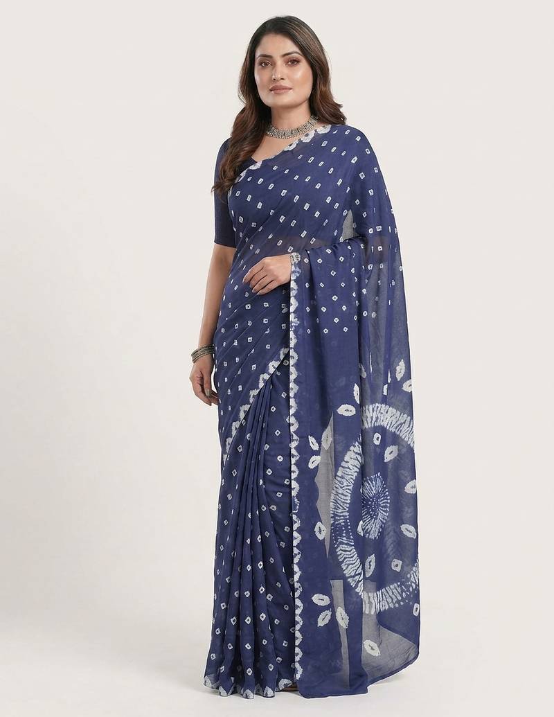 Navy blue printed art silk saree with blouse piece