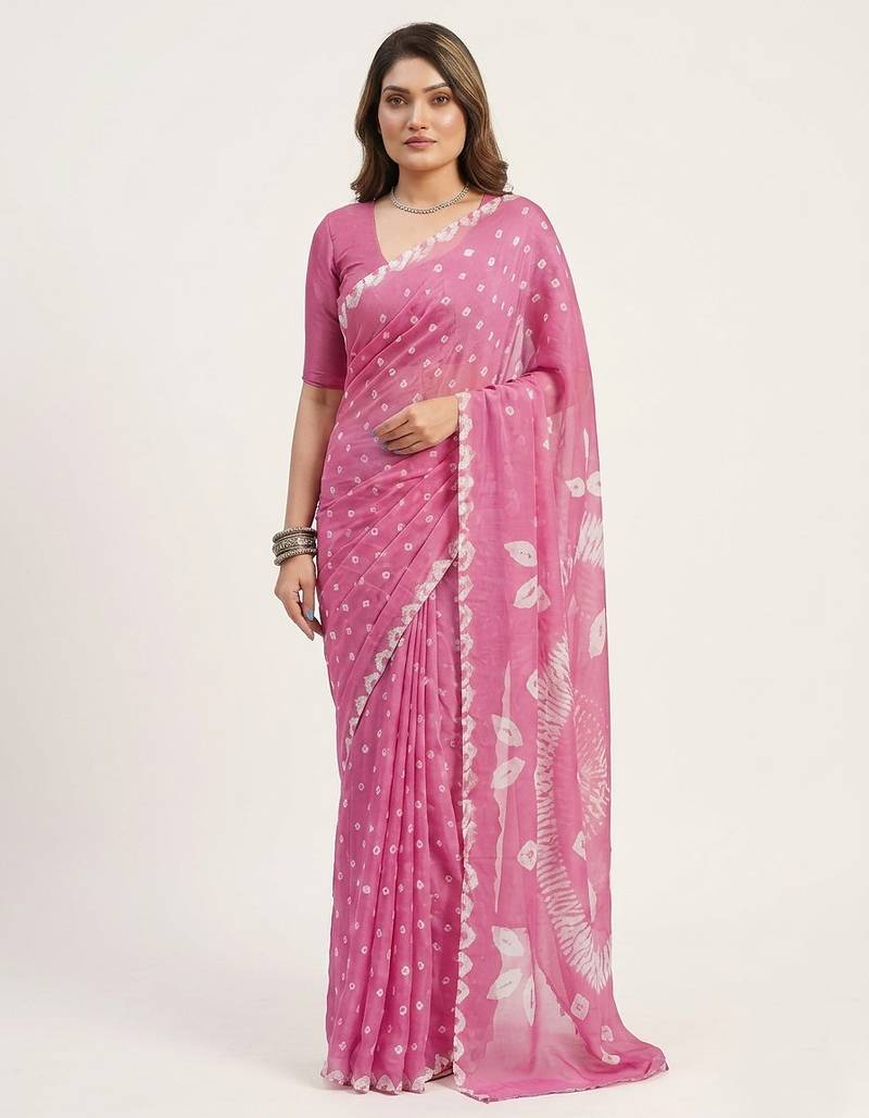 Pink printed art silk saree with blouse piece