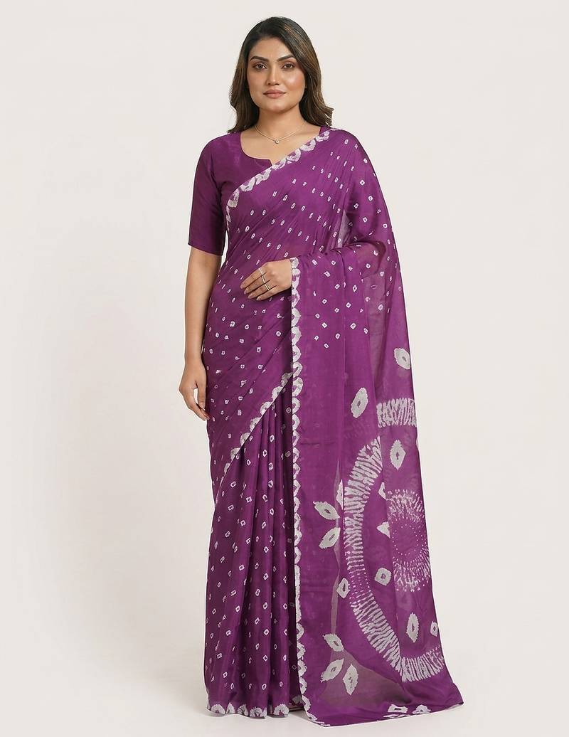 Purple printed art silk saree with blouse piece