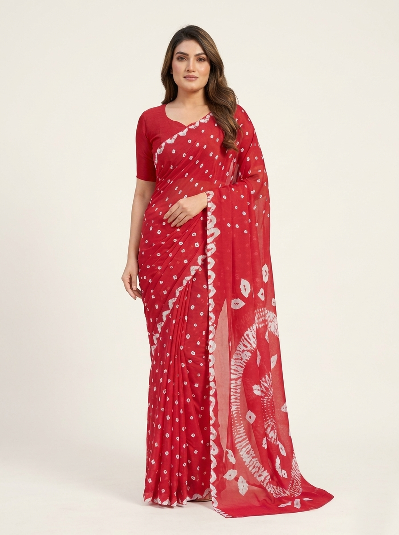 Red printed art silk saree with blouse piece