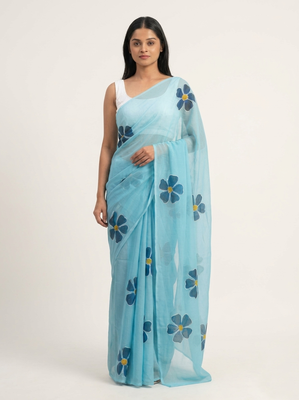 blue linen saree floral print with white blouse 1