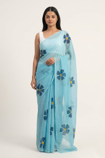 Blue woven linen saree with blouse piece