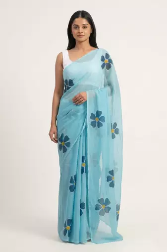 blue linen saree floral print with white blouse