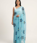 blue linen saree floral print with white blouse