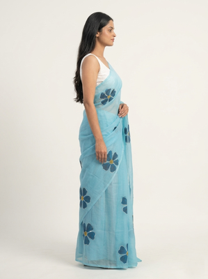 blue linen saree floral print with white blouse 2