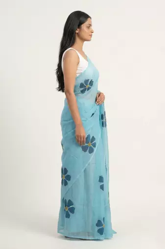 blue linen saree floral print with white blouse